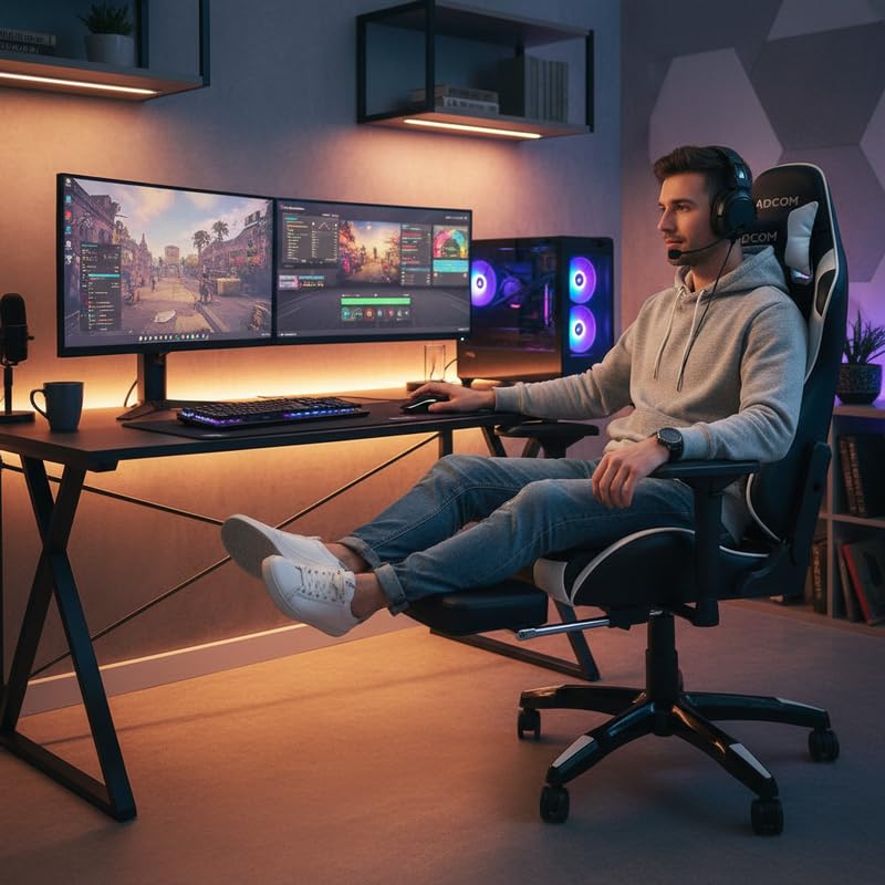 Image of Adcom Mutant Pro Adjustable Gaming Chair, PU Leather, 180 Recline, Ergonomic Neck & Lumbar Support, 4D Armrests with Footrest (Black & White)
