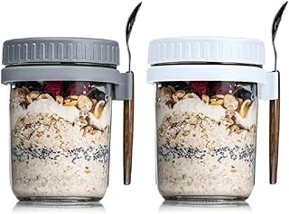 Overnight Oats Container with Lid and Spoon ,2 set of Overnight Oats Jars ，10 oz Cereal ，Milk ， Vegetable and fruit Salad ...