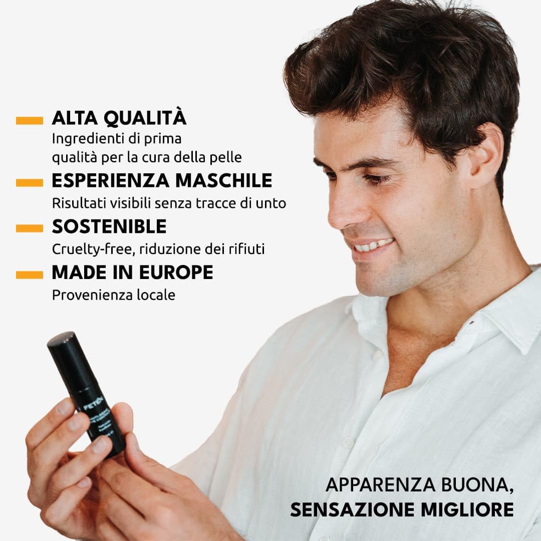 FETEN Contorno Occhi Uomo - Crema Antiocchiaie per occhiaie scure e borse effetto immediato, Siero Antirughe con Vitamina C per palpebre cadenti, Trattamento Schiarente 15ml (Confezione da 2)