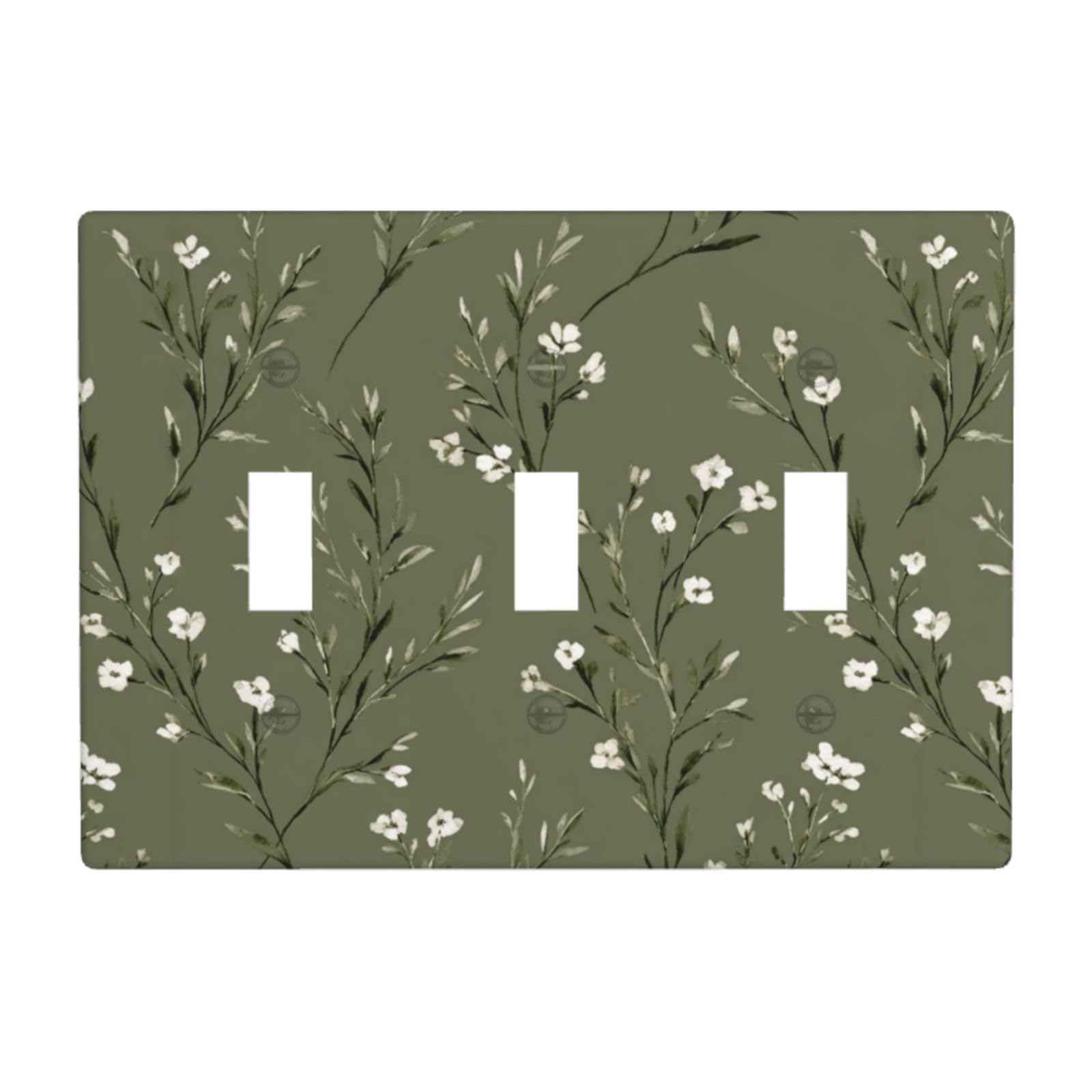 Woshuwo White Small Wildflowers And Leafy On Olive Green Light Switch Covers 3 Gang Triple Toggle Wall Plate Switchplate Electrical Faceplate For Bathroom Kitchen Bedroom Decor