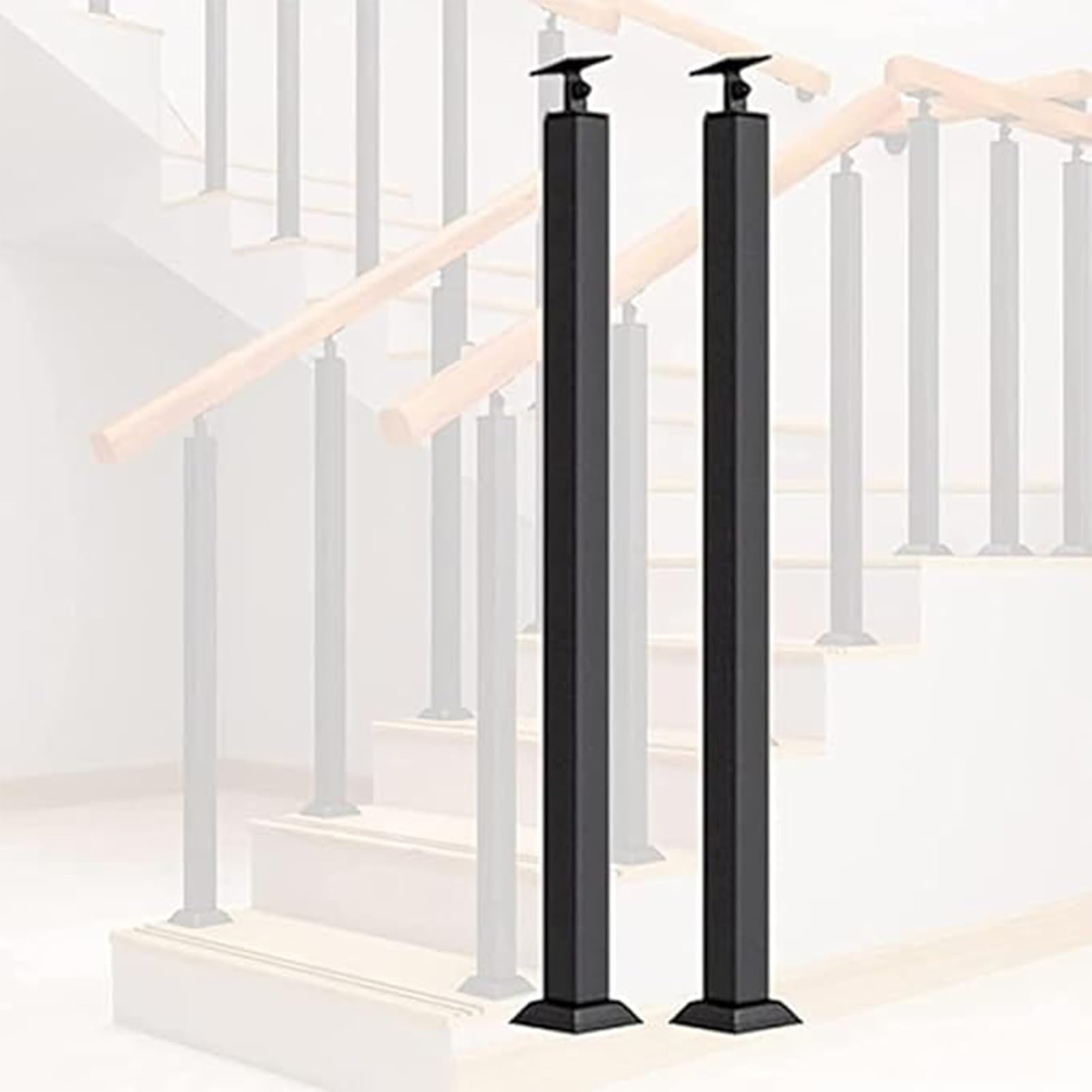 Wrought Iron Railing Spindles Kit, Black Stair Handrails Baluster Posts, Non-Slip Deck Balustrade Square Stair Railings, Floor Mount Hand Rail Support Rod(2pcs,90cm/35.4in)