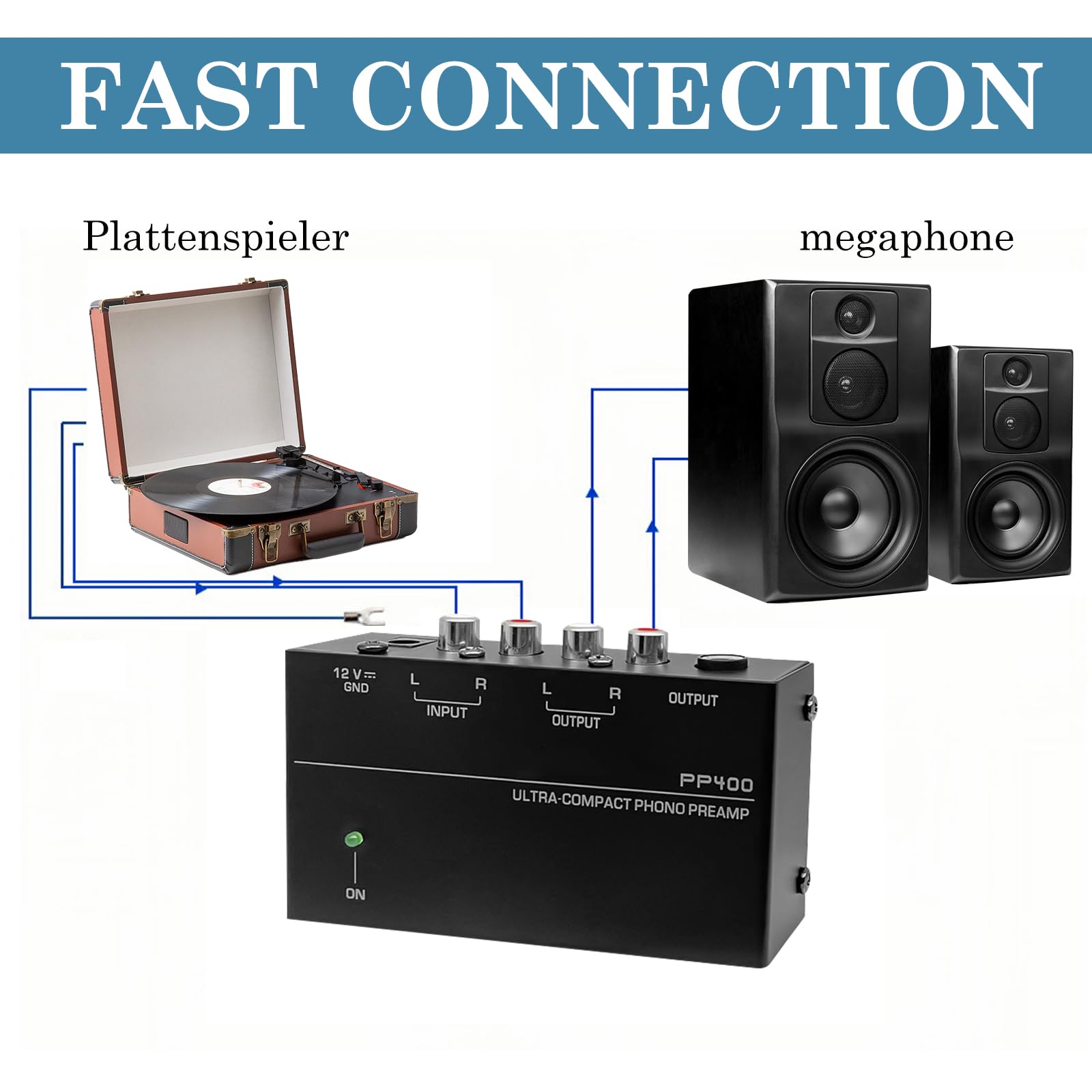 Preamplificatore Phono MM, Ingresso e Uscita RCA, Alimentazione DC 12V