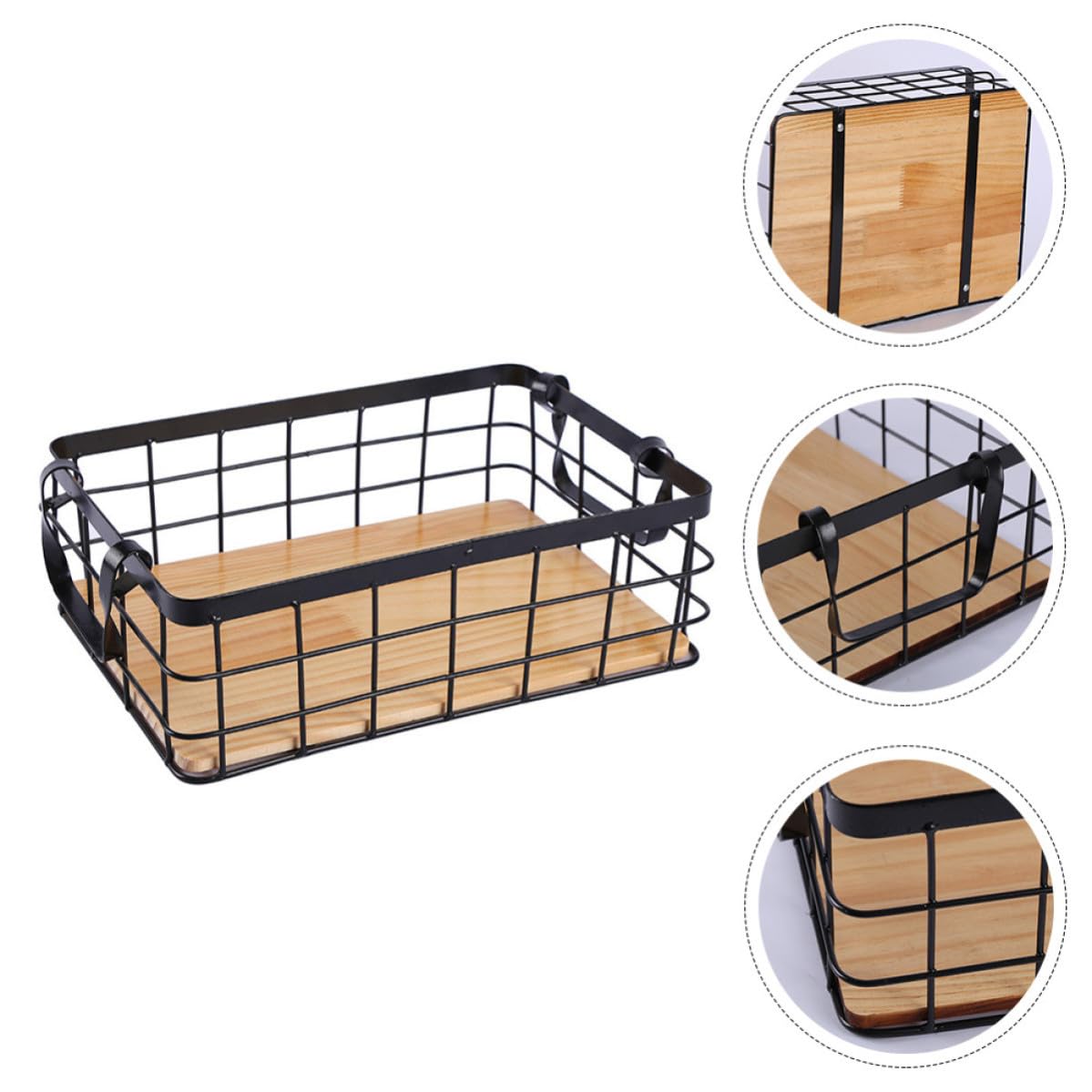 Operitacx Cesta de Hierro y Madera de Almacenamiento Rectangular Diseño Simple para Organizar Frutas y Snacks Color Negro en Cocina o Escritorio