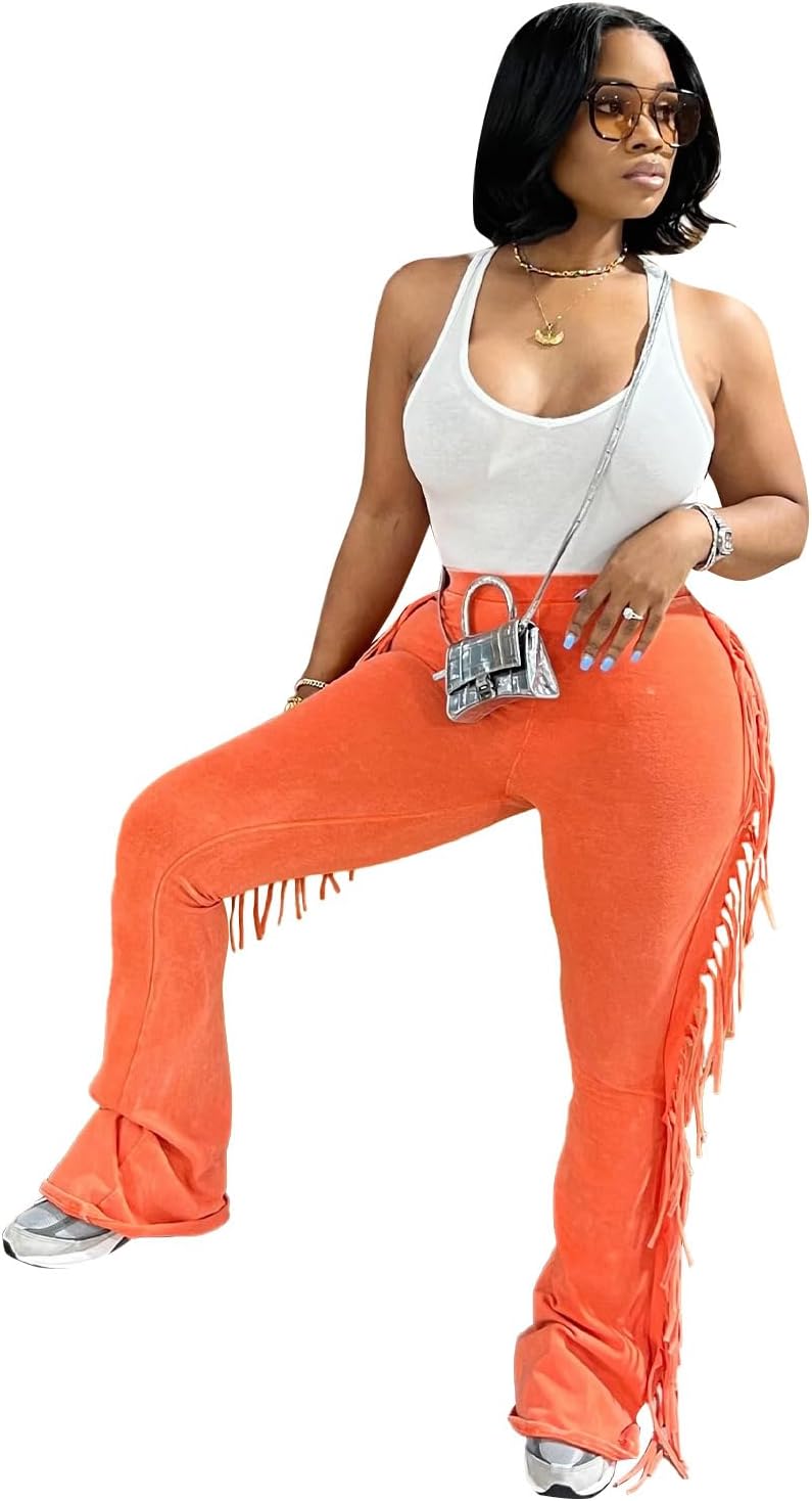 Women's Casual Mid Waist Fringed Cotton Pants Elastic Waist Bodycon Tassels Side Jogger Sweatpant