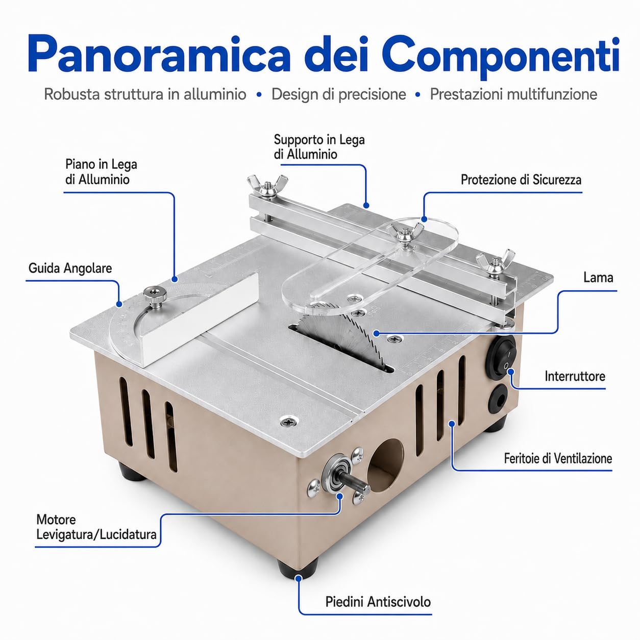 VOBOR Mini Sega Circolare da Tavolo con Disco per Lucidatura e 4 Lame, Altezza Regolabile, Alimentatore a 7 Marce, Lama per Sega da 0,1 a 15 mm, per Legno Fatto a Mano