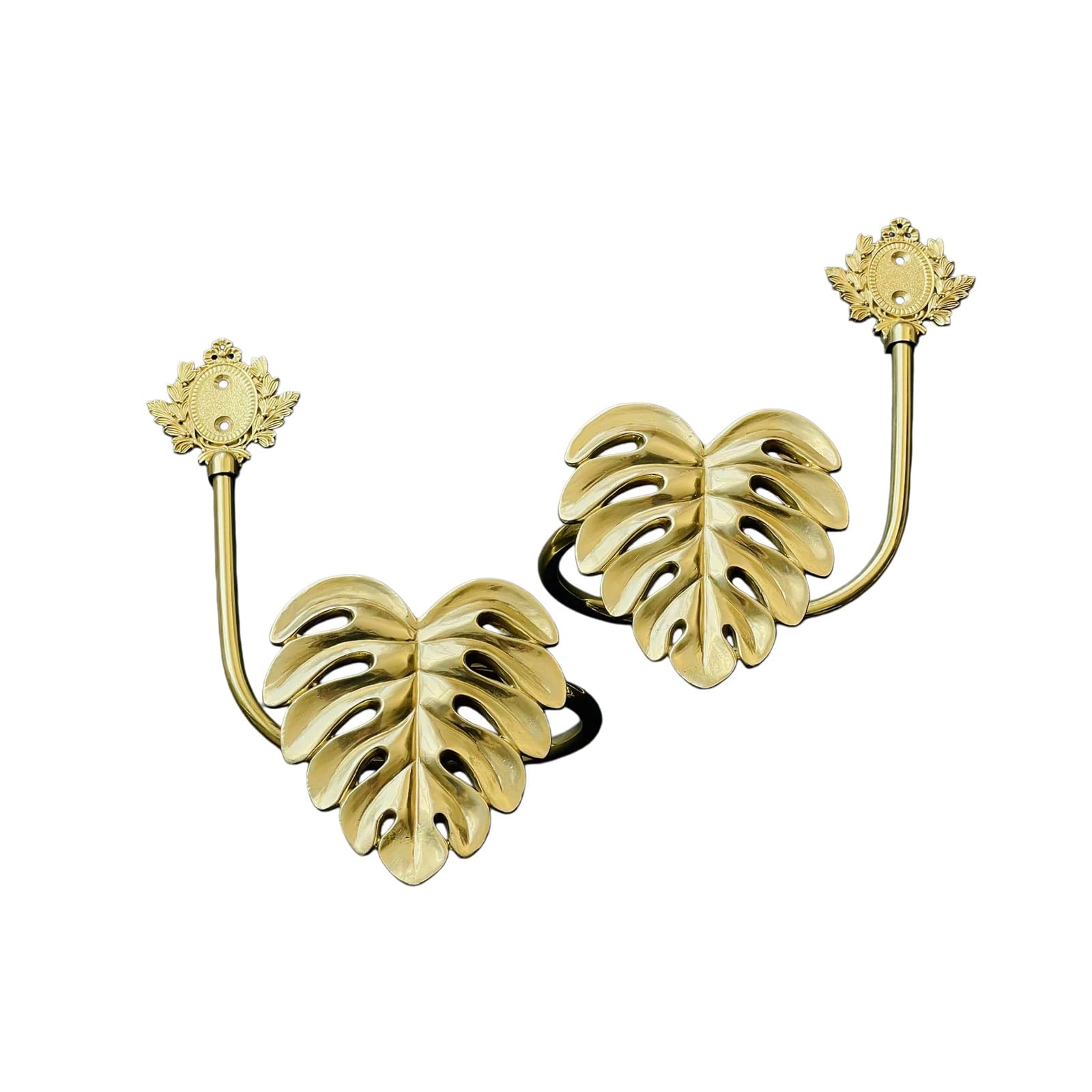 Brass Curtain Tiebacks, 2PCS Leaf Shaped Metal Curtain Holdbacks - Handmade Wall Hook for Drapes, Window Home Decoration & Pull Back