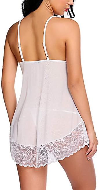 Women's Mesh Sheer Babydoll Lingerie Sexy Lace Chemise Nightgown Off Shoulder Boudoir Pajama Dress for Sex Naughty