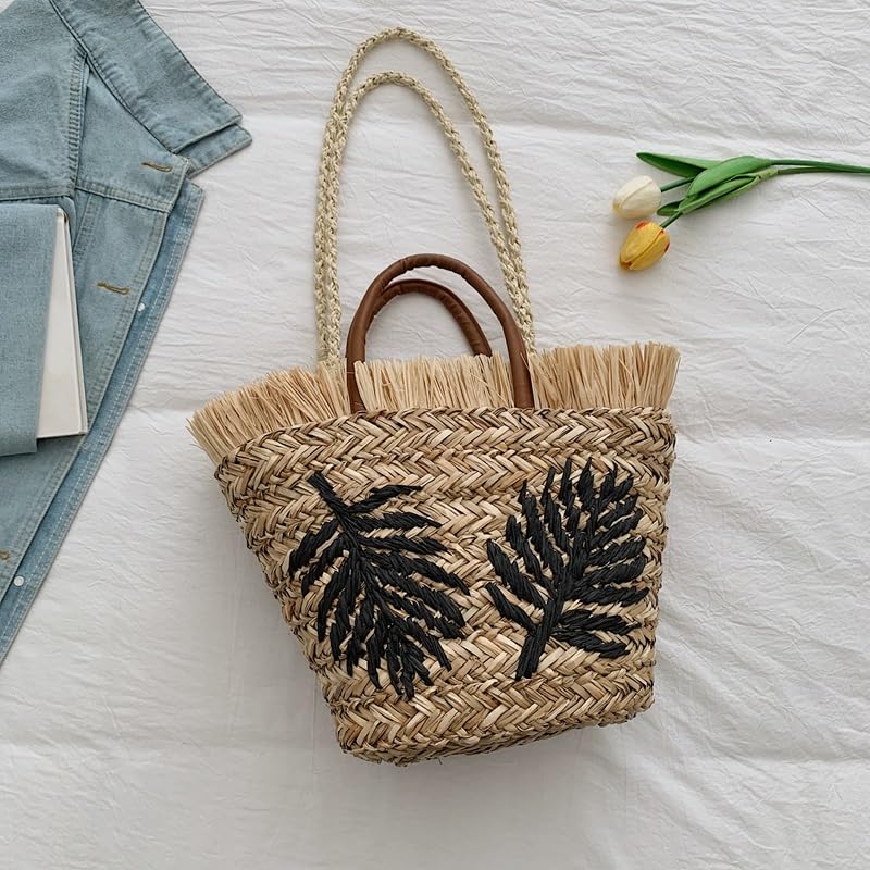Women Bohemian Straw Grass Handbag Lightweight Tote