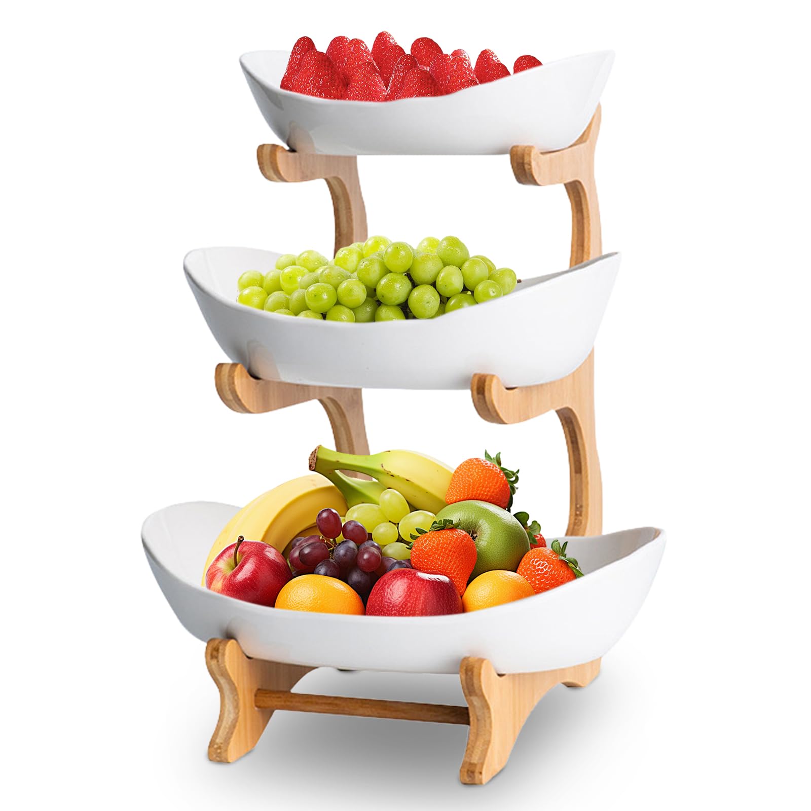 – 3 Tier Ceramic Fruit Bowl, Vegetable Storage with Bamboo Wood Porcelain Fruit Stand Storage Holder for Kitchen Counter Large Capacity Fruits Holder for Bread, Snack (White)