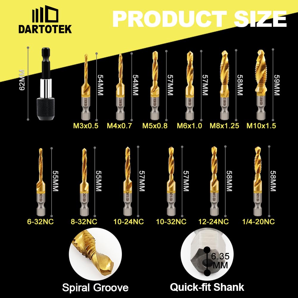 Combination Drill and Tap Bit Set,Titanium Coated Tapping Bit Tool 13pcs SAE/Metric Screw tap Drill bit for Drilling Tapping Countersinking,with Quick Change Adapter - Image 2