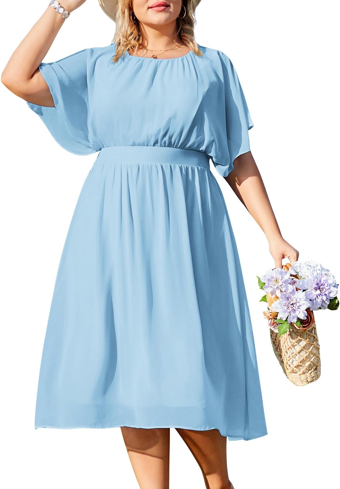 Hanna Nikole Women Plus Size Ruffle Sleeve A-Line Dress Midi Wedding Guest Dress Light Blue 24