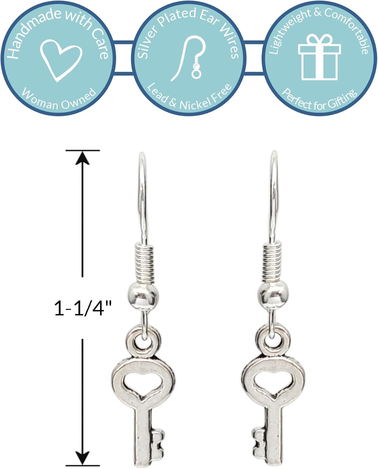 Tiny Key to My Heart Charm Earrings, Handmade Antique Silver Love Dangle Jewelry - Image 2