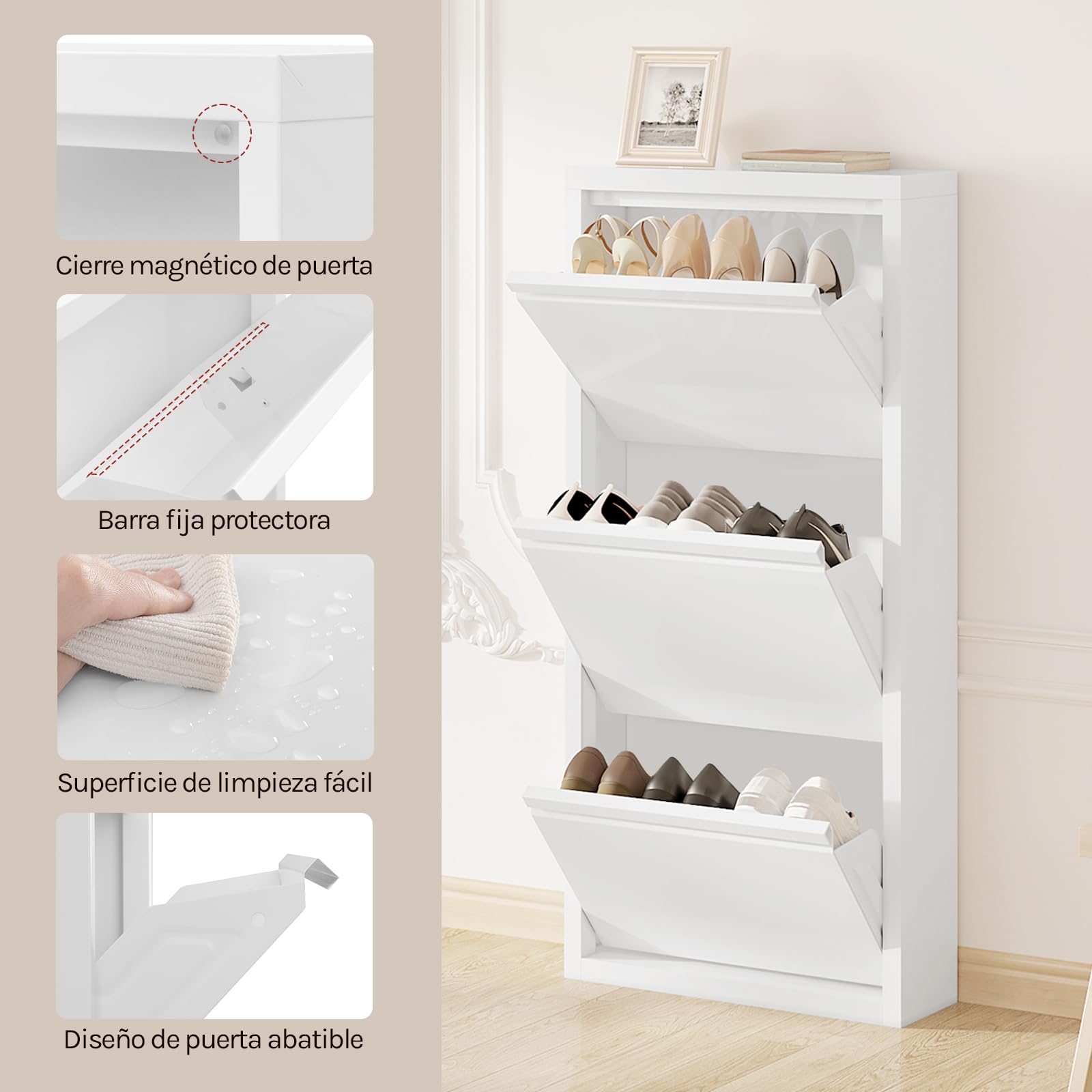 WOLTU Zapatero Entrada Recibidor, con 3 Cajones Abatibles, Mueble Recibidor, Organizador para Zapatos, Metal, Ahorro de Espacio, Blanco, 50x15x106 cm