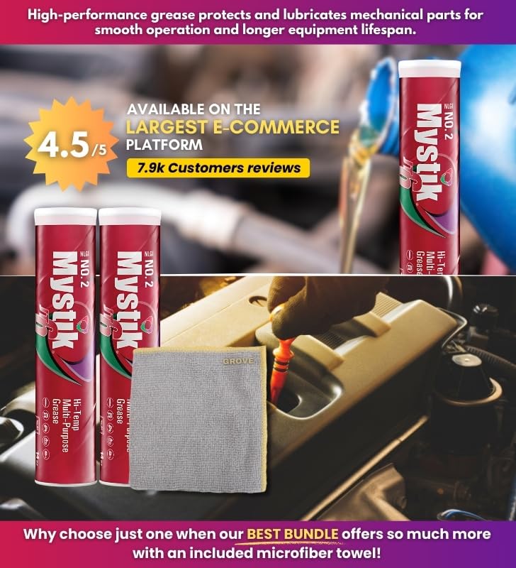 Image of Mystik JT-6 EP Lithium Grease 14 oz Bundle with Microfiber Cloth - Multi-Purpose Grease for Industrial, Mining & Construction Applications - Superior Protection for Wheel Bearings - (3 Items)
