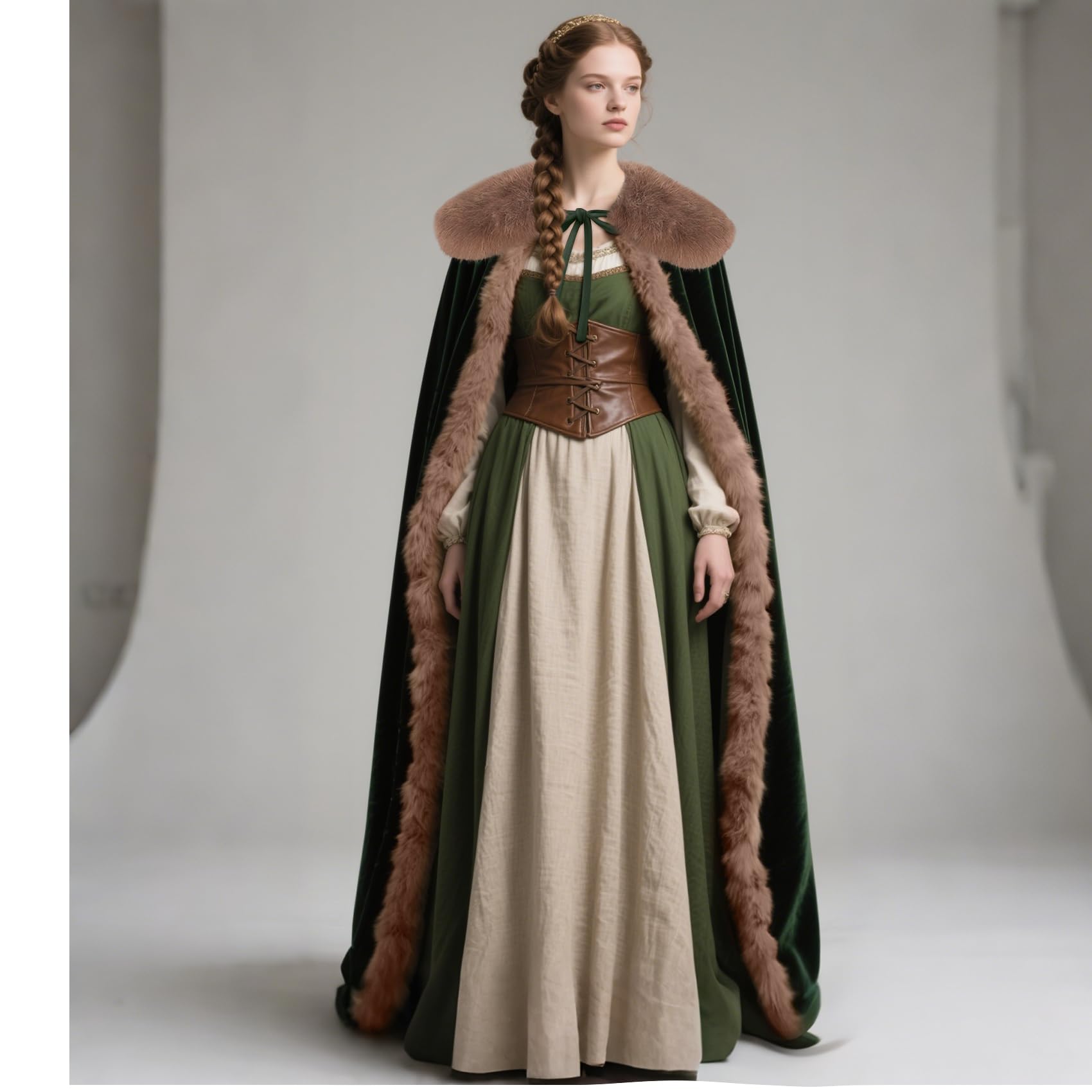 keland Renaissance Samt Umhang mit Wikinger Fell Kragen für Damen Halloween Kostüm (Grün )