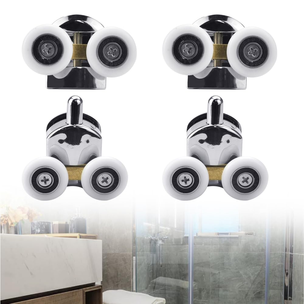 Shower Door Rollers, PERFETSELL 4 PCS 25mm Sliding Shower Door Runners Wheels 2 Top & 2 Bottom Shower Wheels Replacements for Curved Doors, Chrome Shower Door Fixing Pulleys Fit Glass Holes 14mm