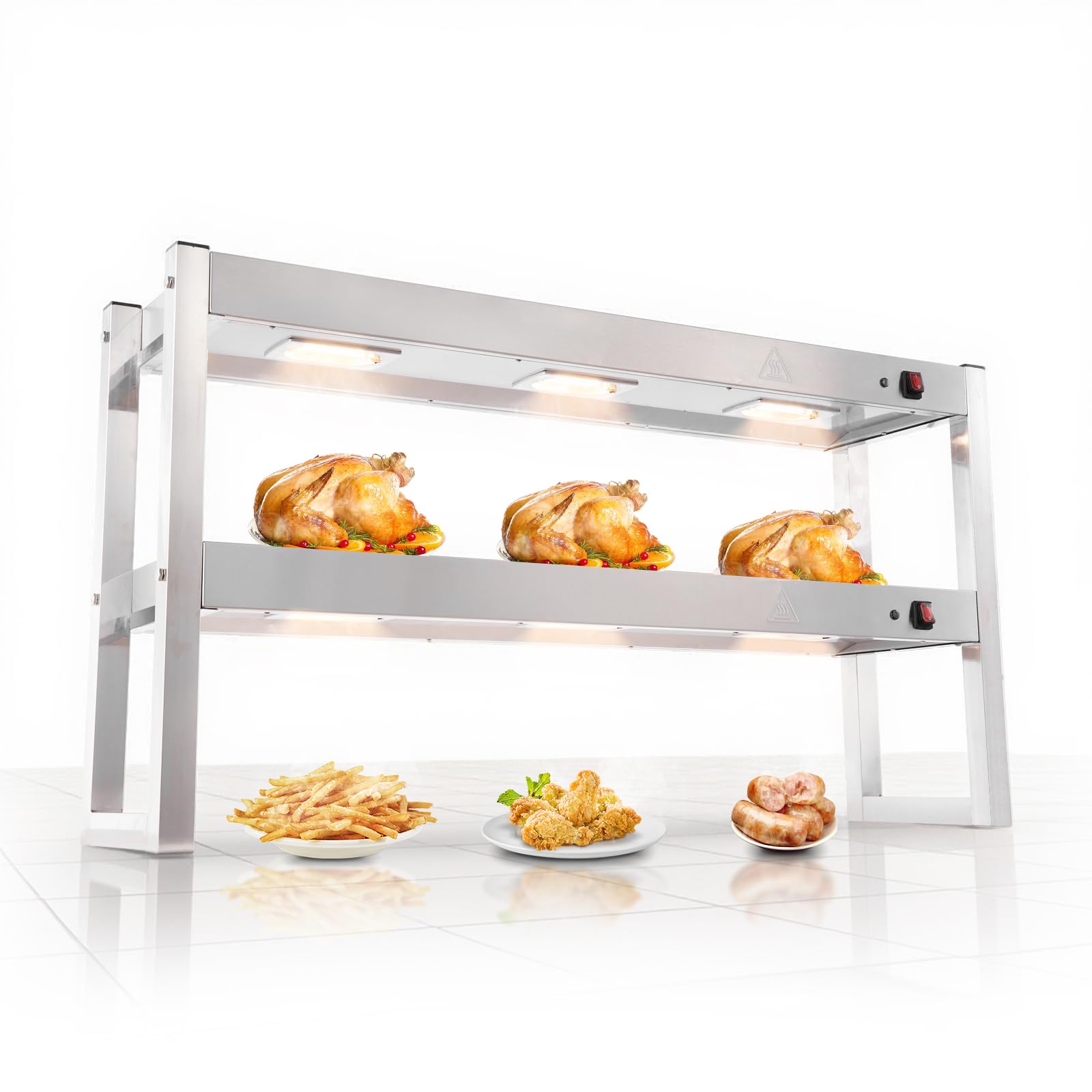 Commercial Food Warmer Light and Shelf, Bulbs Buffet Food Heating Lamp Stainless Steel Double Layers Shelf for Fried Chicken French Fry Warming Station with Independent Switch, 6x300W Bulbs