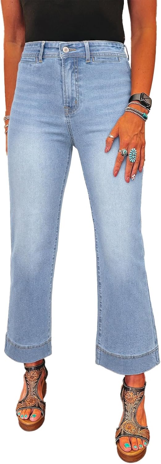 SHEWIN Wide Leg Jeans for Women Trendy High Waisted Flare Jeans Stretchy Straight Leg Ankle Denim Pants with Pockets