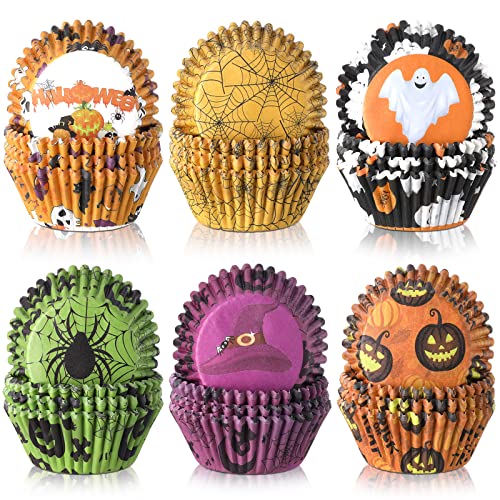 Hoolerry 600個パック ハロウィンカップケーキライナー ハロウィンマフィンライナー パンプキンベーキングカップ 使い捨て カラフル ベーキングカップケーキペーパー ハロウィンパーティーデコレーション(フレッシュスタイル)