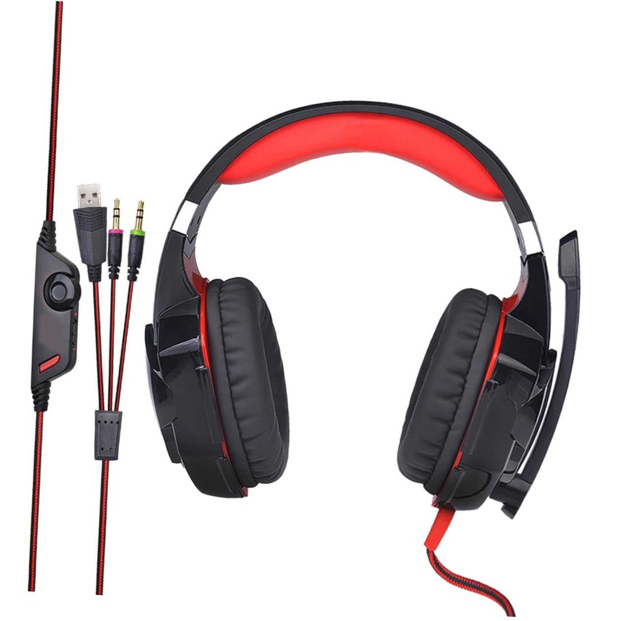 Cuffie da Gioco LED con Bassi Profondi Suono Surround e Microfono Cuffie Over-ear per Computer e PC con Isolamento da Rumore Ambientale Rosso
