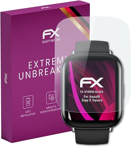 atFoliX Película protectora de vidrio de plástico compatible con Amazfit Zepp E Protector de vidrio cuadrado, 9H Hybrid-Glass FX Protector de
