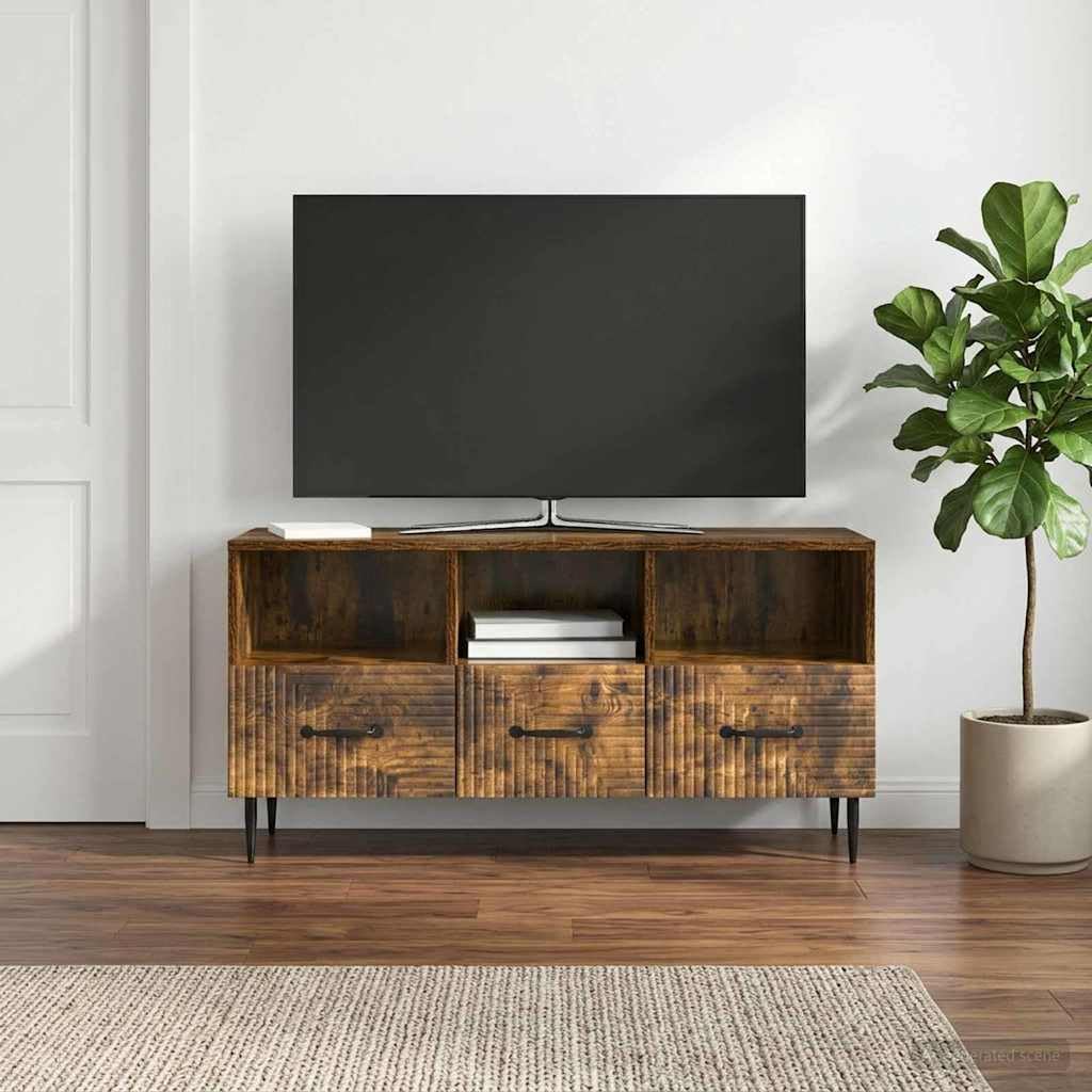 Szafka pod telewizor, dąb wędzony, 102 x 34,5 x 50 cm, materiał drewnopochodny z 3 szufladami, metalowe nogi czarne, meble multimedialne do salonu, kina domowego, porządek