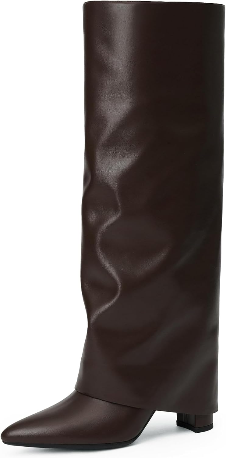 Modatope Knee High Boots Women Fold Over Knee High Boots Chunky High Heels Long Boots Zipper Pointed Toe Dress Tall Boots for Women