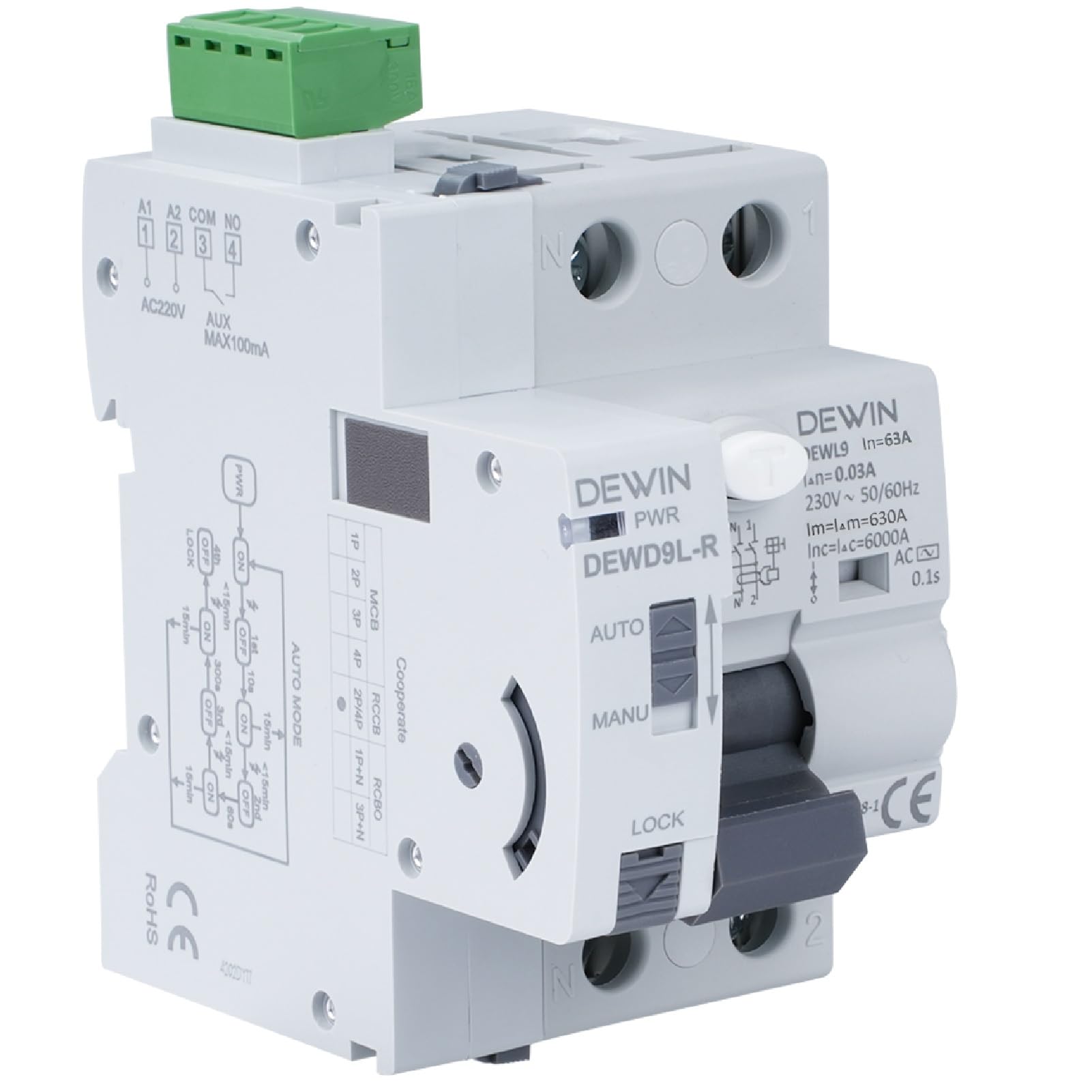 Salvavita con Riarmo Automatico Differenziale Riarmo Automatico Magnetotermico Differenziale 63A Riarmo Automatico Dispositivo di Riaccensione 2P AC 230V 63A 30mA