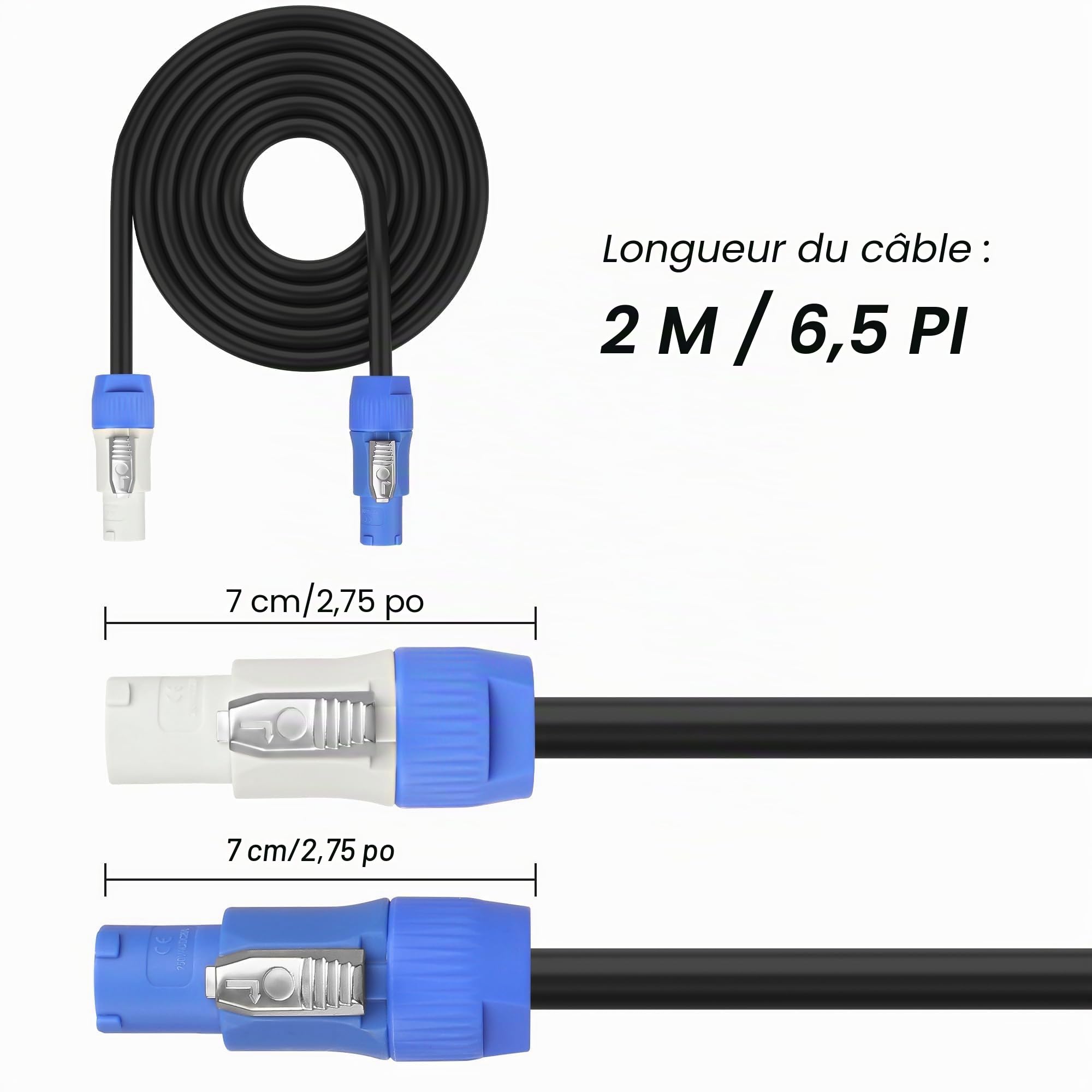 XMSJSIY PowerCon Câble d'alimentation 14 AWG 3 broches AC PowerCon entrée vers sortie Câble d'extension pour écran LED, faisceau de lumière de scène, équipement audio vidéo et plus encore - 2 m