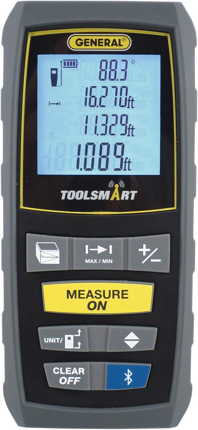 General Tools TS01 100ft Bluetooth Laser Distance Measurer - Area, Volume, Real-Time Measurements, 1/16in Accuracy