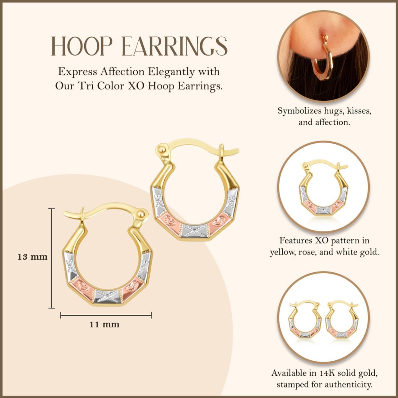 Gold XO Love Hoop Earrings for Women | 10K or 14K Tri-Color Yellow, White, and Rose Gold