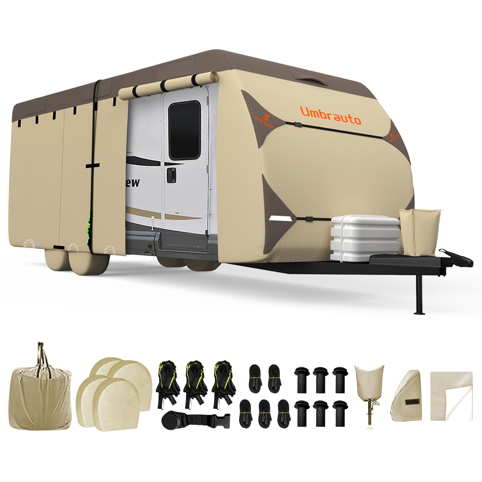 Umbrauto Travel Trailer RV Cover  Upgraded 7-Layer Top Camper Cover, Waterproof & Windproof Trailer Cover for 33'-35' RV, Includes 4 Tire Covers, Tongue Jack Cover and Gutter Cover