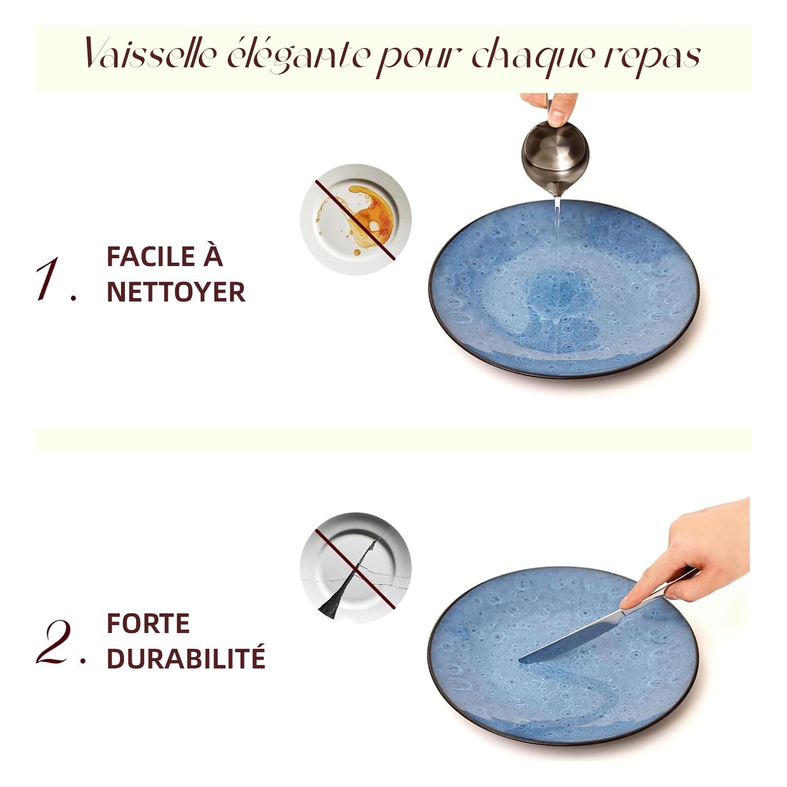 Service de table 16 pièces pour 4 personnes, double bol, assiettes et bols en grès résistant aux rayures, passe au micro-ondes et au lave-vaisselle - Bleu