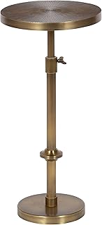Kate and Laurel Engles Traditional Adjustable-Height Pedestal Drink Table; 10 x 10 x 30; Antique Brass; Vintage Round Indoor Metal Plant Stand with Embossed Sunburst Pattern