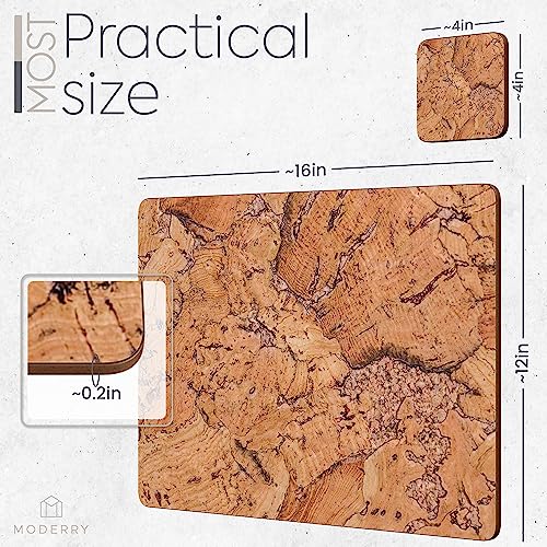 Moderry Set Of 4 Heat Resistant Cork Placemats For Dining Table With Free Set Of 4 Matching Drink Coasters Cork Wood Design Print 16 X 12 Inches Cork Backed Hard Placemats (Classic Cork) #TOP6