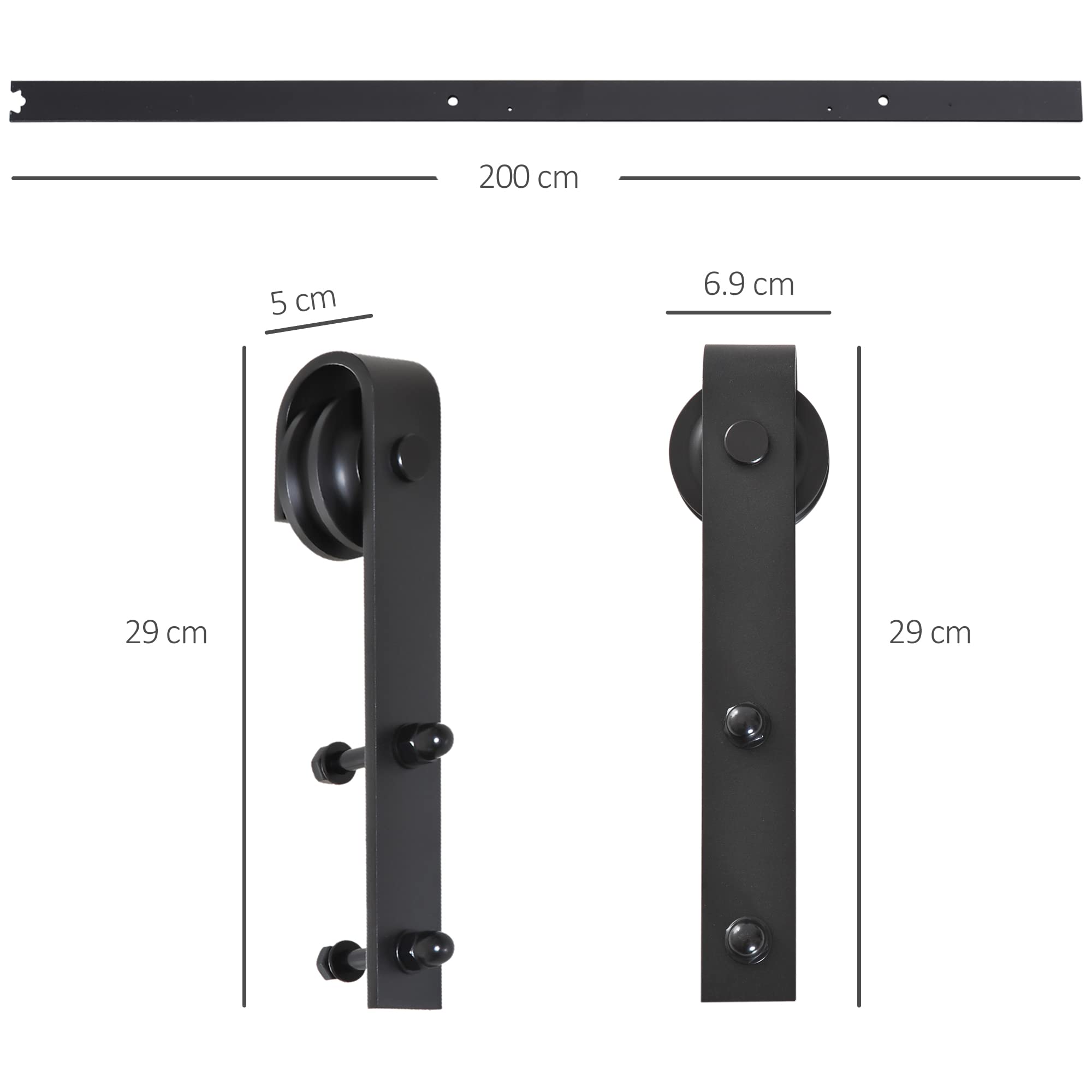 HOMCOM 200cm Binario per Porta Scorrevole Kit Accessori con Binario e Rulli Tappi in Stile Rustico Portata 90kg Acciaio al Carbone Nero
