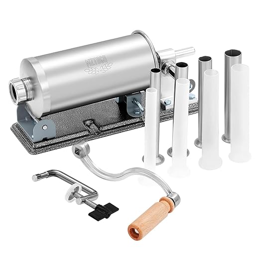 MZTOGR Sausage Stuffer - Stainless Steel Homemade Manual Sausage Maker Horizontal Meat Filling Kitchen Machine, Packed 8 Stuffing Tubes (2.5LBS)