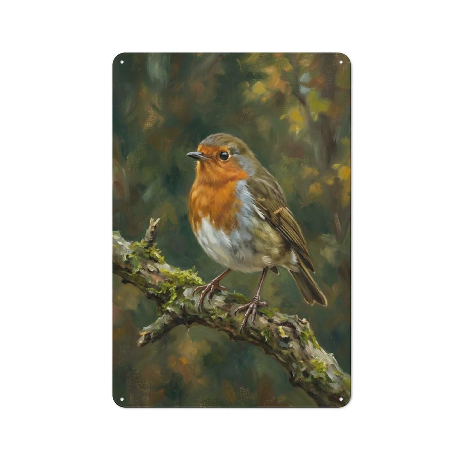 Robin Perched on A Mossy Branch Vintage Metal Wall Decor 30x20cm, Tin Wall Sign for Restaurant, Kitchen, Counter Or Breakfast Nook