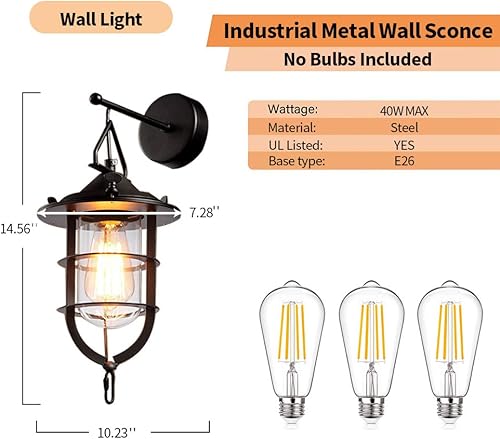 Miniatura 3 de Lámpara de pared industrial retro para porche, lámpara de pared montada al aire libre, diseño de jaula de acero con pantalla de vidrio para cocina,