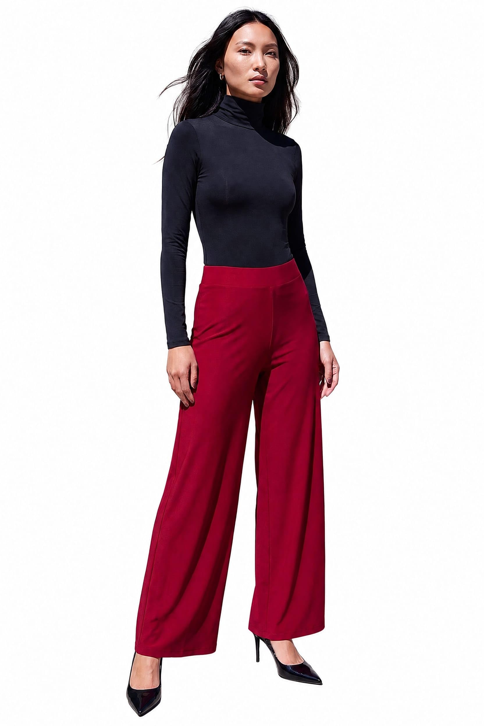 Roman Wide Leg Trousers for Women UK Ladies Palazzo Pants Evening Jersey Elasticated High Waist Smart Flared Culotte Office Work Going Out Loose Crepe Bottoms - Wine - Size 12