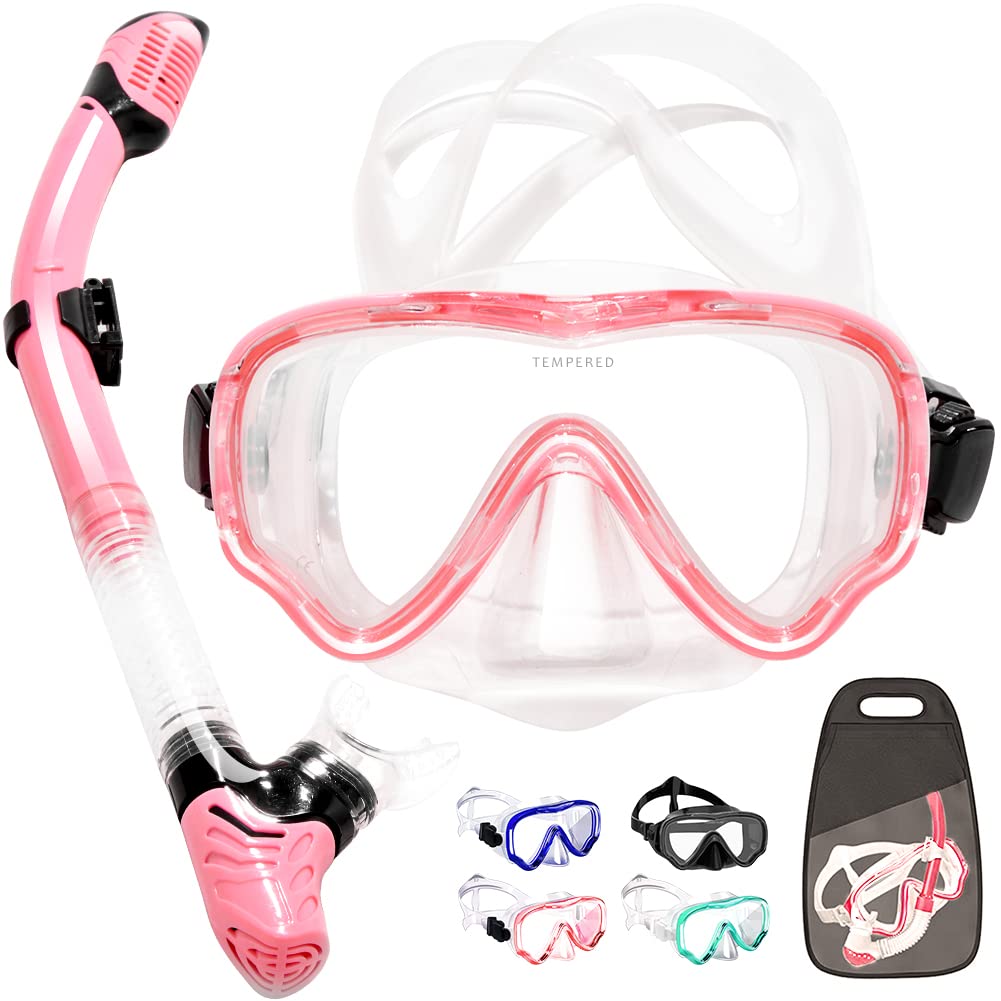 YFung Dry Snorkel Set, 180° Wide View Diving Goggle, Anti-Fog Anti-Leak Tempered Glass Adult Safety Scuba Diving Mask, Easy Breathing Face Snorkel Mask Snorkelling Gear for Men Women (pink)