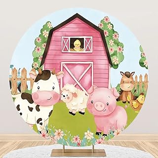 Yeele 5x5ft Cartoon Farm Animals Party Round Backdrop for Kids Pink Barn Farmland Animals Cows Pigs Barnyard Photography Background Farm Theme Party Decors Cake Table Banner Photo Booth Props