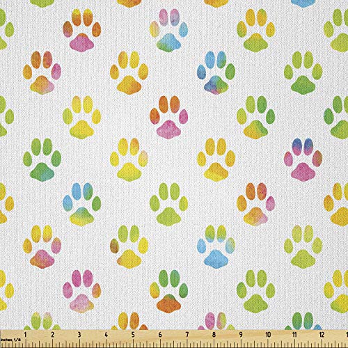Image of Ambesonne Dog Lover Fabric by The Yard, Animal Footprint Colorful Abstract Puppy Paws Grunge Elements Paintbrush Effect, Microfiber Fabric for Arts and Crafts Textiles & Decor, 1 Yard, Yellow Blue