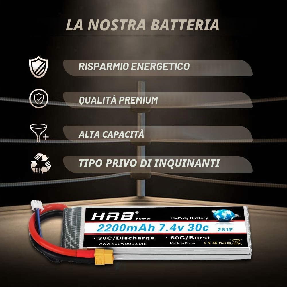 HRB 2pc 2200mAh 7.4V 2S 30C LiPo Battery Pack con spina XT60 compatibile con Rc Tr 1/16 E-Revo VXL Summit Slash Losi 1/14 Mini 8ight e Rc Cars