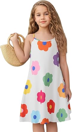 New 6-14 Years Girls Summer Dress Casual Spaghetti Strap A-Line Sundress with Adjustable Straps