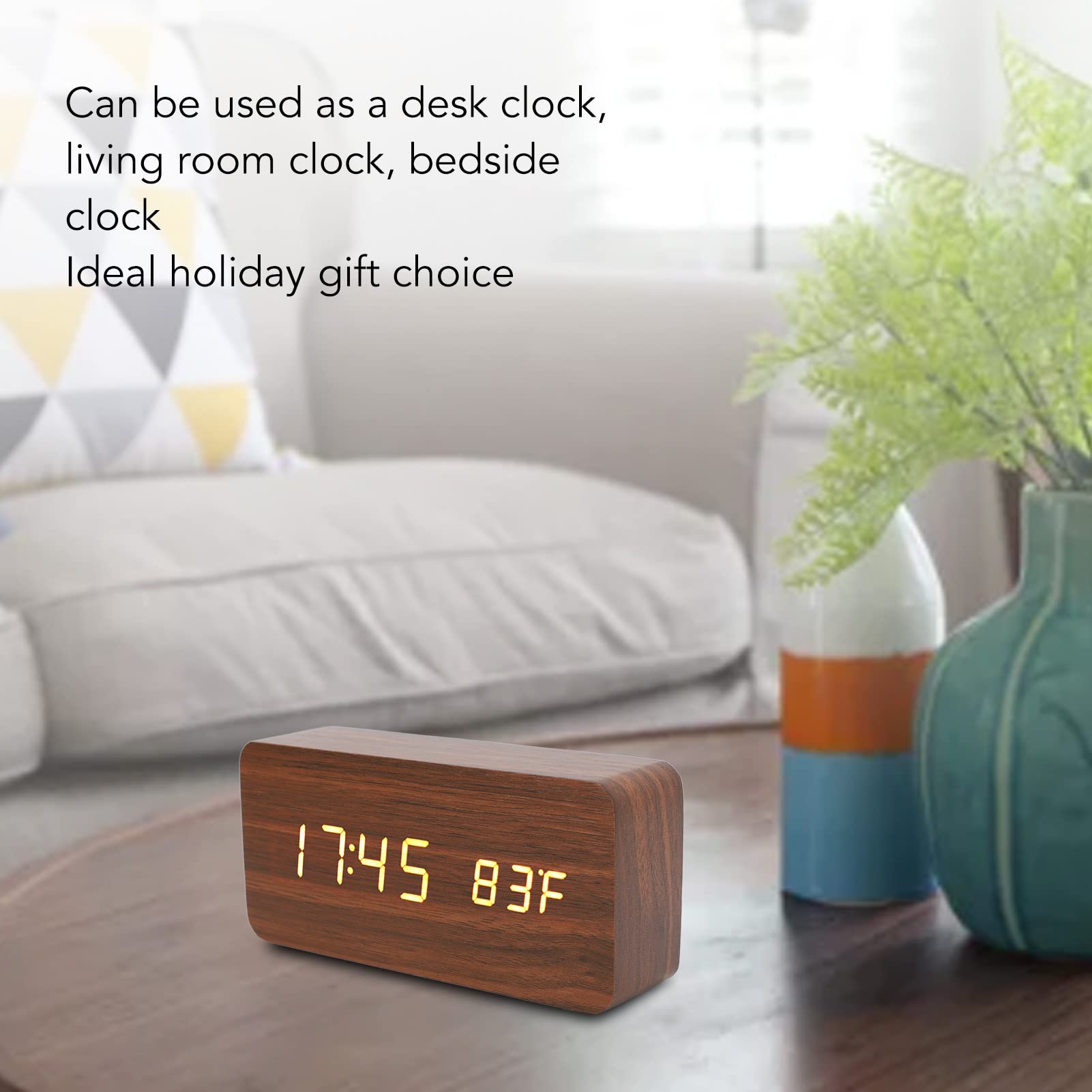 Reloj Despertador Digital LED de Madera con 3 Niveles de Brillo, indicador de Temperatura y Humedad para Oficina, Reloj electrónico Decorativo para Dormitorio.
