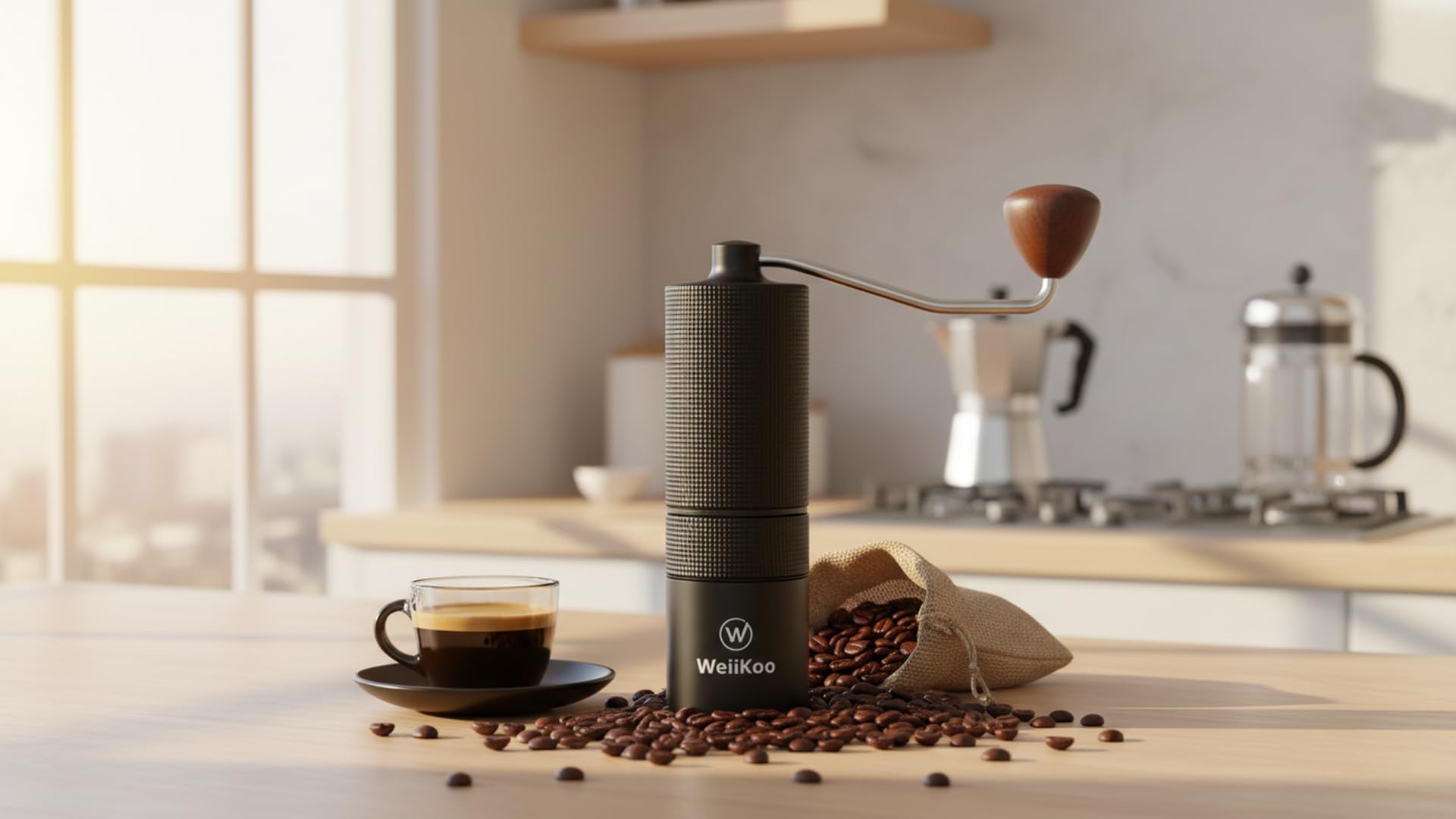 Molinillo Cafe Manual 25 g, Muelas Cónicas Hexagonales de Acero Inoxidable, Molienda Ajustable para Espresso, Moka y Prensa Francesa, Aluminio Anodizado y Nogal