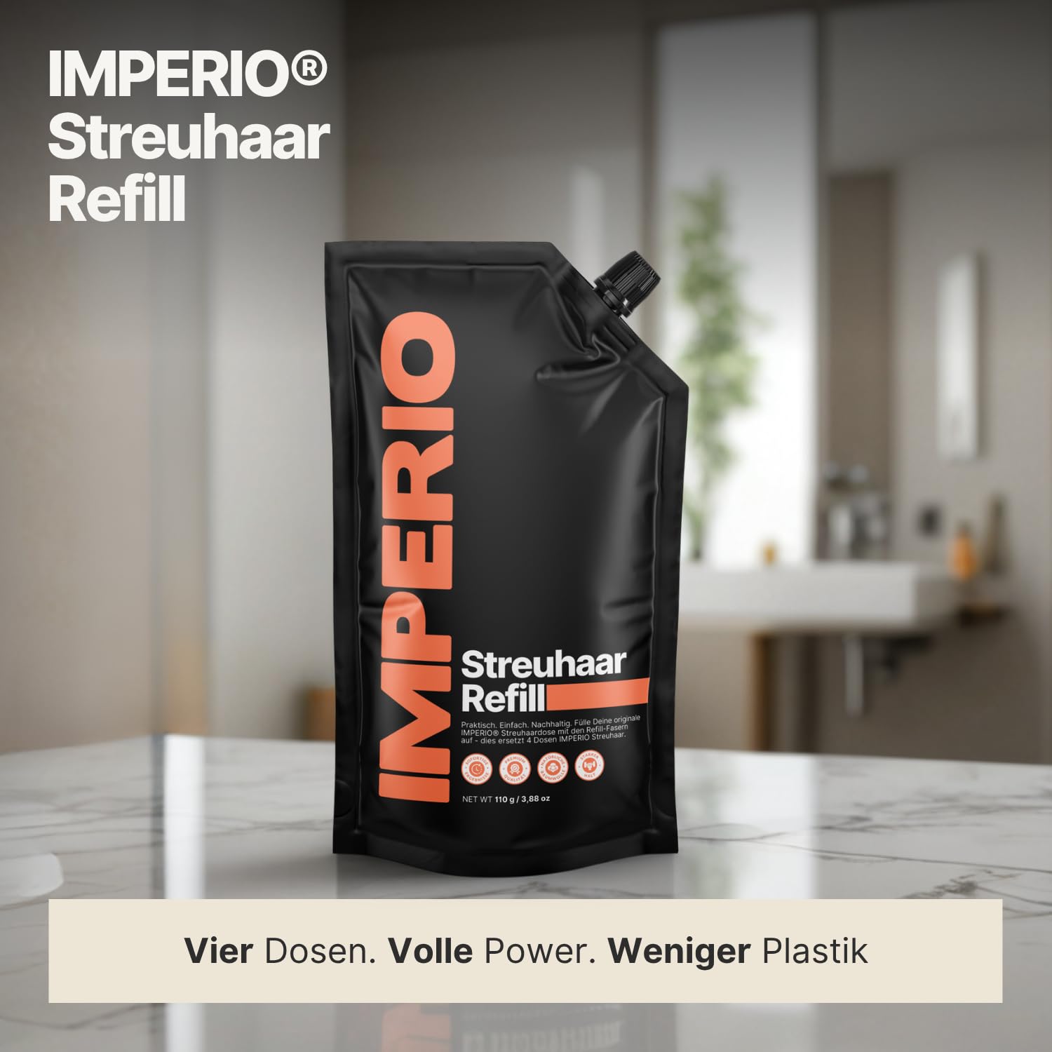 IMPERIO Streuhaar Refill Pack - 110g Nachfüllbeutel mit Premium Schütthaar - Nachhaltiger Nachfüllpack mit praktischem Verschluss - Einfaches Auffüllen der Hair Fibers Dose (Dunkelbraun, 110g)