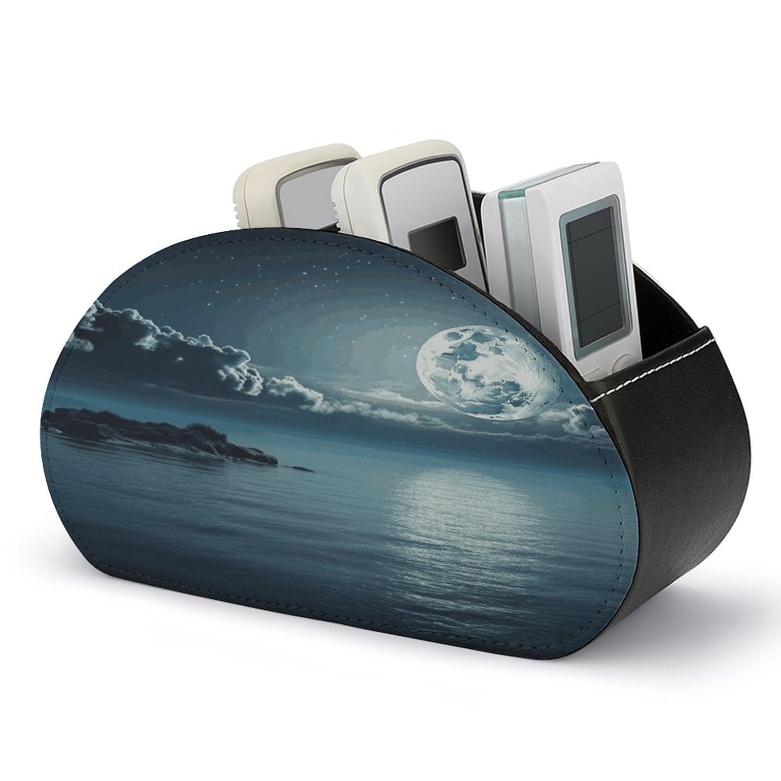 LDGSUPH Moon Ocean Landscape Remote Control Holder with 5 Compartments PU Leather TV Remote Caddy Storage Box Multi-functional Desk Storage Organizer Box Anti-slip Desktop Caddy