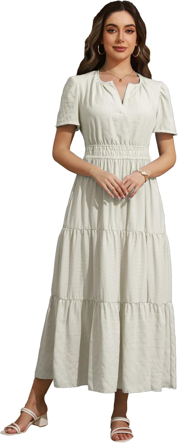 Rainday Womens Casual Maxi Dresses Fashion Holiday Short Sleeved Elastic Waist Beach Boho Dress with Pockets - Image 2